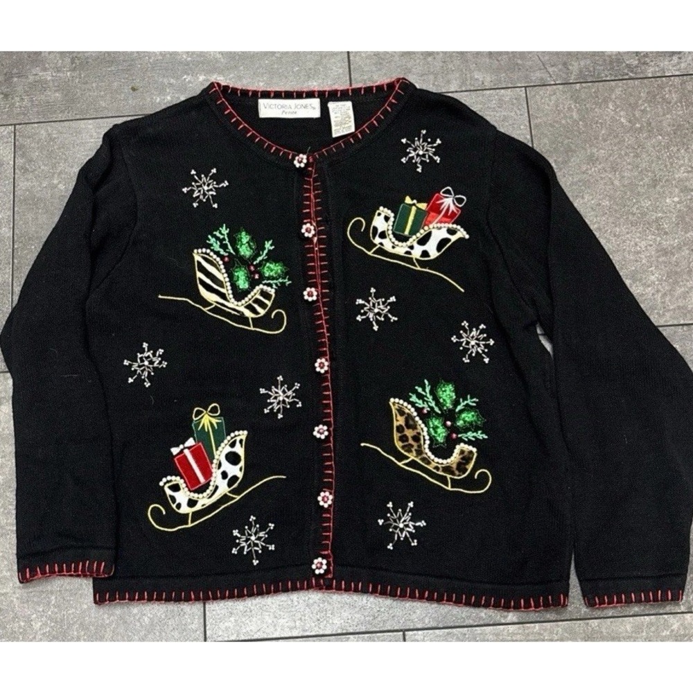 Victoria Jones Ugly Christmas Sleigh Y2K Cardigan Sweater Grannycore Black L